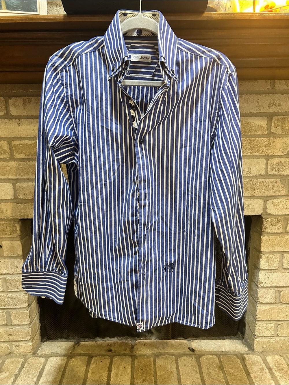 John Lennon Men's Navy Blue and White Striped Button-Up Shirt EUC